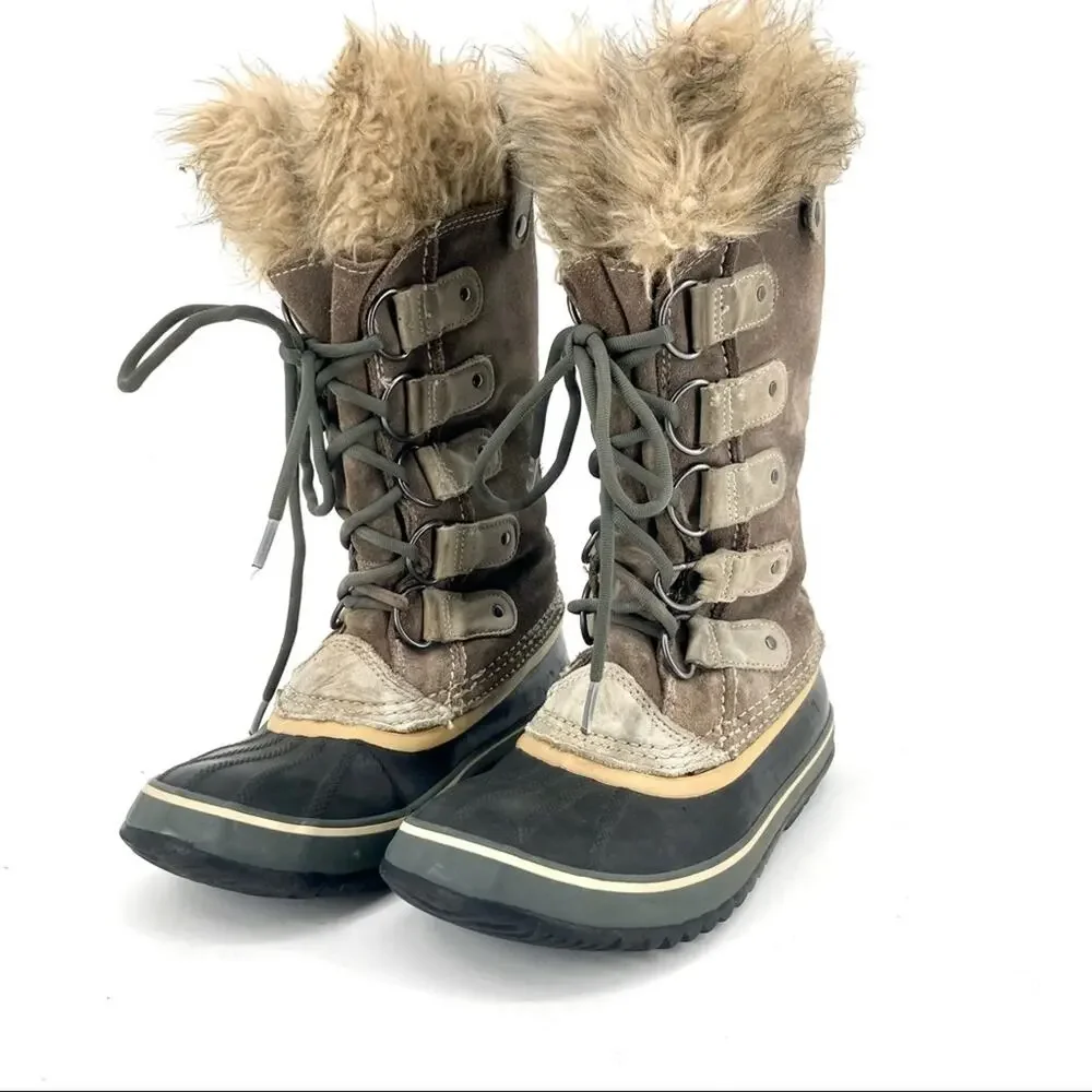 Sorel: Women's tall taupe gray suede Joan of Arctic snow winter boots fur trim 8